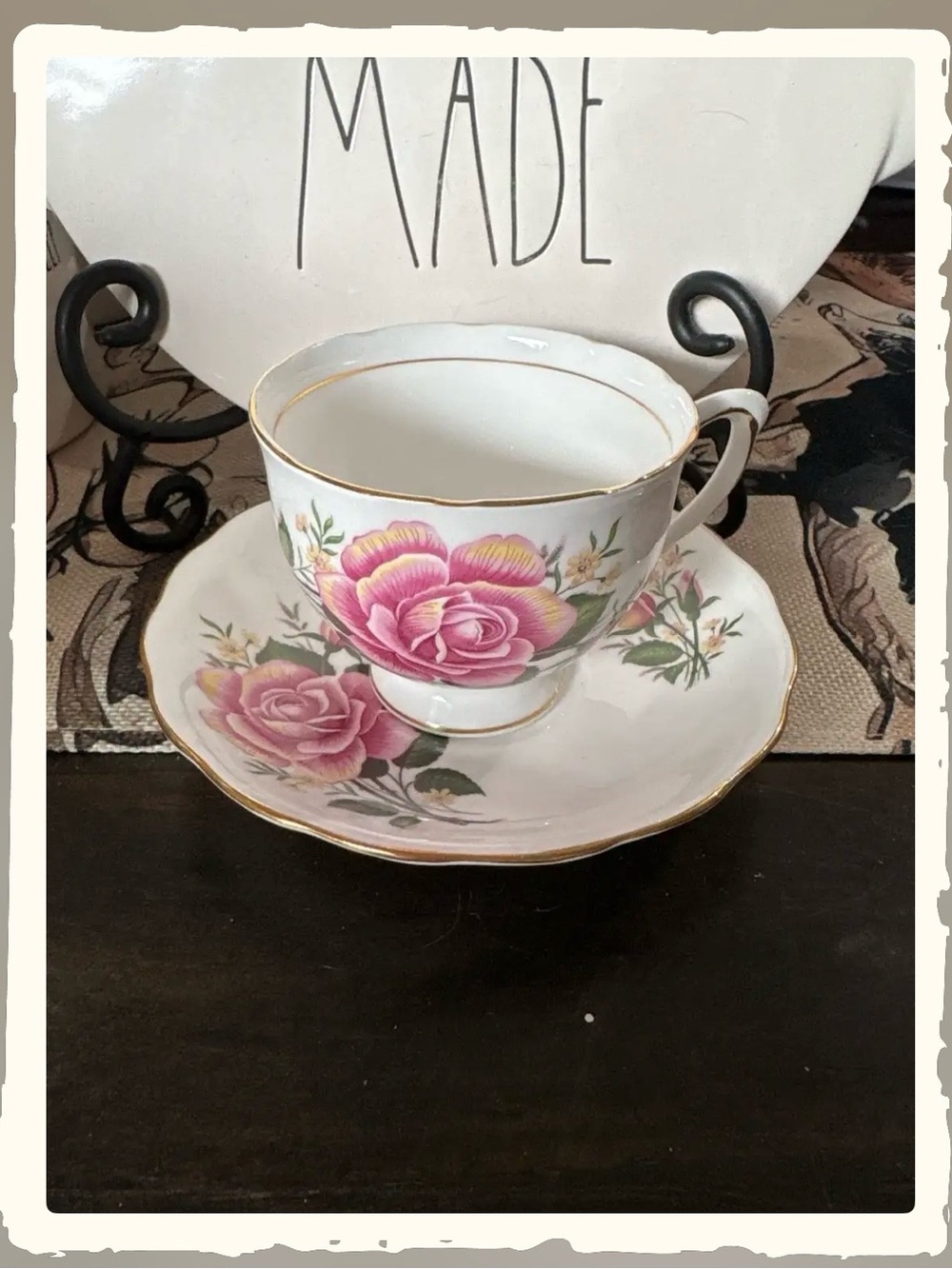 Vintage Floral Pink Rose Bone China Teacup and Saucer